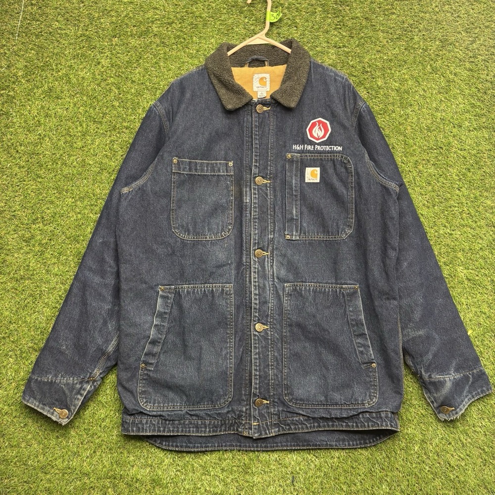 Carhartt Denim Jacket Mens Large Tall LT Full Swing 102947-407 Dark Wash Work